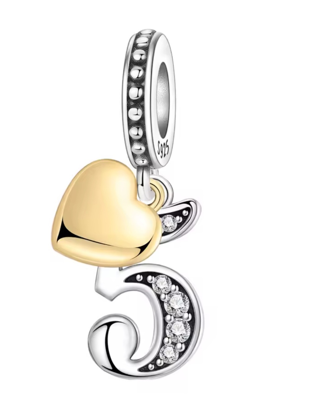 Pandora Two-Tone Heart & Number 5 Dangle Charm - Gold & Silver